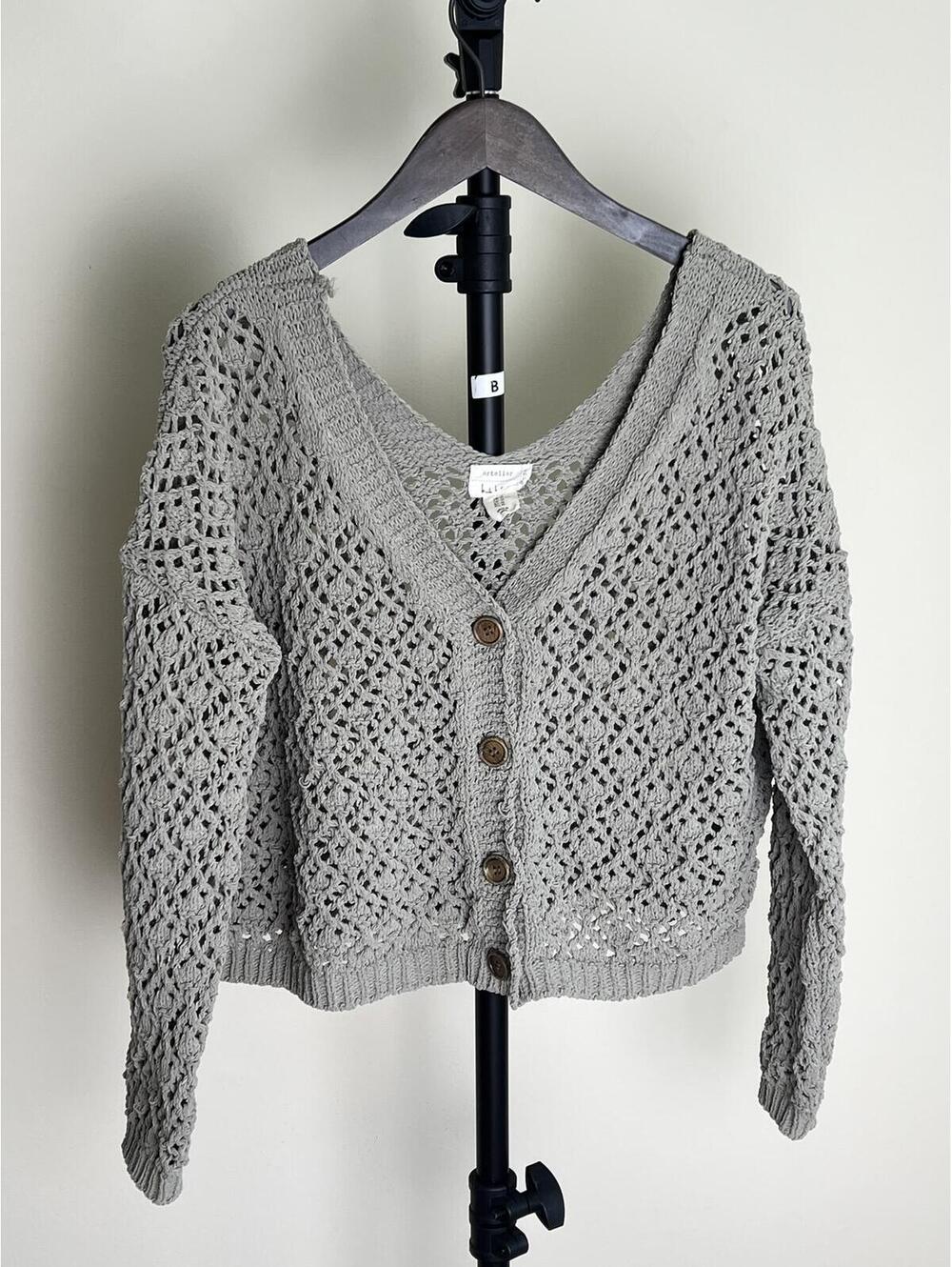Taupe Crochet Cardigan XL Boho Cropped Open Knit Sweater Cottagecore